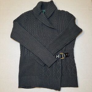 LAUREN RALPH LAUREN Womens XL Dark Green Cable Knit Buckle Shawl Collar Cardigan